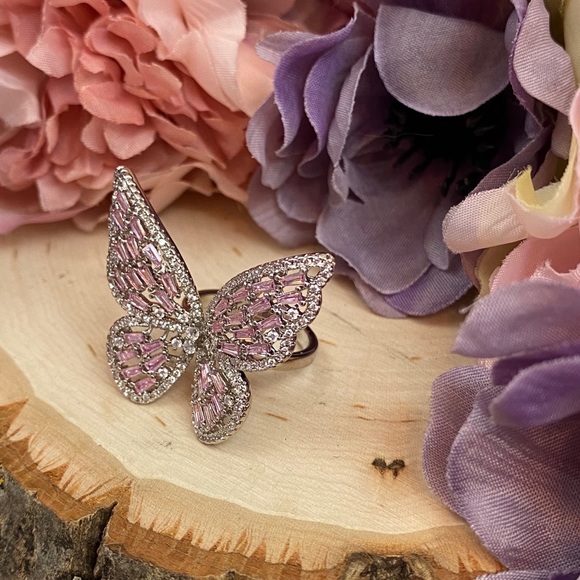 Sparkly Pink and Silver Crystal Butterfly Ring - Picture 4 of 13